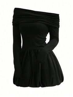 Women Off Shoulder Long Sleeve Solid Color Casual Short Dress Black Elegant  Cap Sleeve Fabric Plain A Line High Stretch  Women Clothing, size features are:Bust: ,Length: ,Sleeve Length: Cheap Black Dresses, 6th Grade Homecoming Dress, Shein Short Dress, Promotion Dresses 8th Grade Graduation, Goth Dress Short, Modern Goth Outfits, Black Dresses Formal, Black Dress With Sleeves