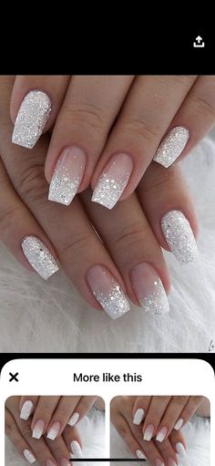 New Years Nails Coffin Short, Ivory Nails Wedding, Winter Dance Nails, Anniversary Nail Ideas, Nails Frenc, Pencil Tricks, Winter Sparkle Nails, White Sparkle Nails, French Wedding Nails