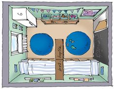 an overhead view of a bedroom with two round blue pillows on the bed, and a blackboard in the corner