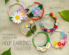 four hoop earrings with flowers on them and the words, patterns & instructions hoop earrings collection