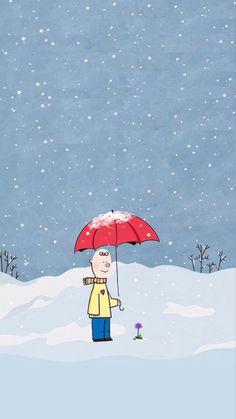 a man holding an umbrella standing in the snow with words above him that read sunny, warmer