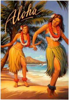 two hawaiian hula dancers on the beach with aloha written in large letters