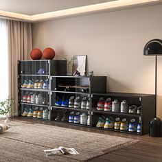 a living room filled with lots of different colored shoes