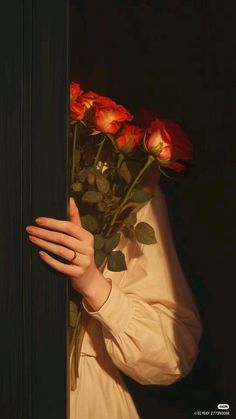 a painting of a woman holding roses in front of her face and looking out the window