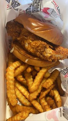 a chicken sandwich and french fries in a container