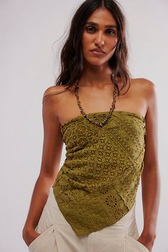 Turn heads in this timeless tank featured in a strapless, bandana-inspired design and textured lace fabrication with smocking at back for a forever flattering fit. **Fit:** Cropped, staple fit **Features:** Strapless neckline, smocking at back **Why We | FP One Raya Lace Bandana Top at Free People in Green, Size: XL Bandana Print Top, Bandana Tank Top, Fitted Bohemian Bandana Print Tops, Lace Bandana, Red Bandana Top, Paisley Print V-neck Festival Top, Bandana Top, Body Suit With Shorts, Bohemian Tops