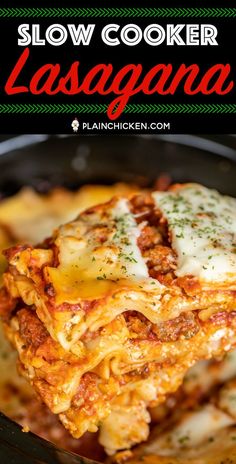 slow cooker lasagna with cheese and sauce on top in a skillet