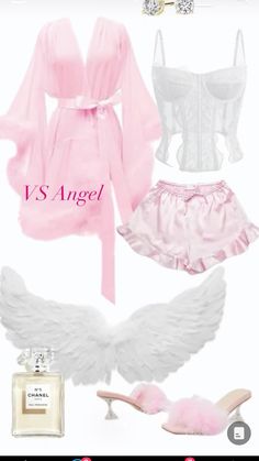 the pink dress is next to white shoes and a perfume bottle with an angel wings on it