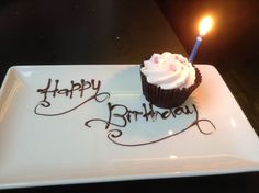 a cupcake on a plate with a lit candle in the middle that says happy birthday