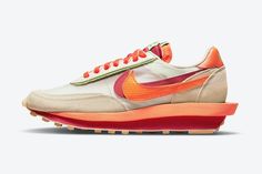 Sacai x Clot x Nike LDWaffle ‘Net Orange Blaze’ Sneakers Waffle Sacai, Streetwear Inspiration, Nike Sacai, Green Bean, Air Max Plus, Jordan 5, University Blue, Jordan 3, Orange Leather