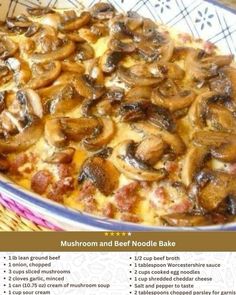 the mushroom and beef noodle bake is ready to be eaten in the oven