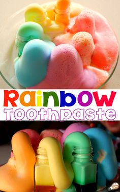 rainbow toothpaste is in a glass bowl and next to it is an image of different colored gummy bears