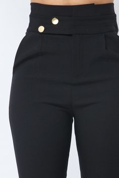 Solid, high-waisted pants with a waistband trim detail with gold buttons and front zipper closure. 97% polyester, 3% spandex. High Waist Black Pants, Oc Concept, Business Pants, Trim Detail, Gold Buttons, Pants Black, High Waisted Pants, Front Zipper, Bermuda Shorts