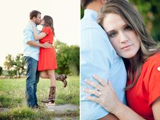 a man and woman hugging each other in the grass