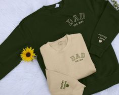 Embroidered Custom Dad Sweatshirt, Personalized Kids Name on Sleeves Sweater, Father's Day Monogrammed Tops, Comfy Color Oufit, Gift for Him Don't miss out on our time-limited, exclusive offer! Avail an amazing 70% discount on all our merchandise. Seize this chance to express your affection to your loved ones with a heartfelt gift. Your simple gesture can turn their day into a truly unforgettable experience. Note: This price is for one individual product, to order the set containing "2 items" add 2 items separately and process checkout. SPECIFICATIONS: = 8-ounce, 50/50 cotton/poly =60/40 cotton/poly (Heather Sports) =Double-needle stitching at waistband and cuffs =1x1 rib knit collar, cuffs and waistband with spandex For any questions or issues regarding our Etsy listings, please use the E Personalized Sweater, Sleeves Sweater, Garment Labels, New Dads, Clothing Care, Heartfelt Gifts, Personalised Kids, Knit Collar, Sweater Sleeves