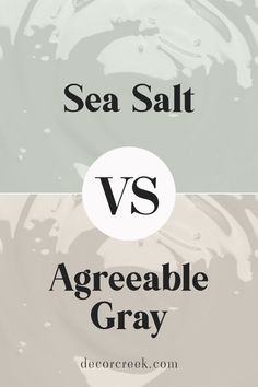 The image compares two paint colors. At the top is "Sea Salt," a soft, calming greenish-gray tone, and at the bottom is "Agreeable Gray," a warm greige color. A large "VS" symbol in the center emphasizes the comparison. The background of the image features subtle, abstract paint strokes that hint at the respective colors being compared. Sea Salt Kitchen, Best Greige Paint Color, Peaceful Space, Dutch Tiles, Agreeable Gray, Perfect Paint Color, Exterior Paint Color, Comfort Gray, Cool Undertones