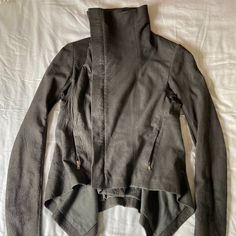 A Tailored Rick Owens Lamb Leather And Wool Jacket With Cotton/Rayon And Silk Lining. Zips Up With Zipper Pockets And Interior Pocket. All Zippers In Great Condition. Two Small Spots Of Discoloration On Lining. Fits Like A Women's 4/6. Approx. Measurements (Laying Flat): 15.5" Shoulder 15" Chest 29" Sleeve 22" Length Rick Owens And Michele Lamy, Rick Owens Runway, Rick Owens Leather Jacket, Rick Owens Jacket, Medieval Style, Concept Clothing, Medieval Fashion, Jacket Pattern, Virtual Closet