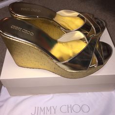 Authentic Jimmy Choo Like New Wedge Gold Slip On Heels. 4.5" High . I Usually Wear A Size 9 And The Size 40s Fit Perfect Gold Wedge Heels, Jimmy Choo Gold, Slip On Heels, Gold Wedges, Jimmy Choo Shoes, Cork Wedge, Wedge Heels, Jimmy Choo, Wedges