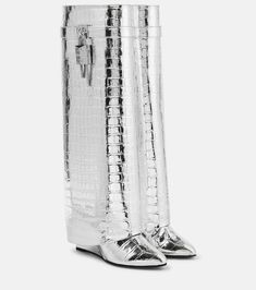 Shark Lock metallic leather knee-high boots in silver - Givenchy | Mytheresa Givenchy Shark, Givenchy Boots, Australia Clothes, Givenchy Shoes, Leather Knee High Boots, Girly Shoes, Knee High Leather Boots, Pearl Hoop Earrings, Leather Bucket Bag