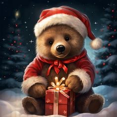 a painting of a teddy bear holding a christmas present