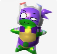 a purple and green cartoon character with eyes wide open, standing in front of a white background