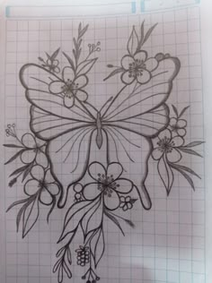 a drawing of a butterfly with flowers on it