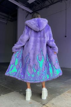 Flame Outfit, Purple Fur Coat, Space Island, Kitty Cheshire, Rave Bottoms, Long Fur Coat, Rave Fits, Look Festival, Plush Coat