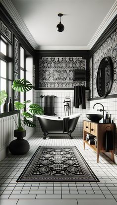 Modern black-and-white themed bathroom with a clawfoot bathtub, black fixtures, and towel. Wainscoting walls with black-and-white patterned wallpaper. Matching tiles on floor and patterned rug. Wooden vanity with black vessel sink. Elegant with bohemian charm. White Gothic Interior, Tile Wainscoting Bathroom, Black Vessel Sink, White Pattern Wallpaper, Parisian Bathroom, Wainscoting Wall, Black Fixtures, Wallpaper Matching, Black And White Bathroom