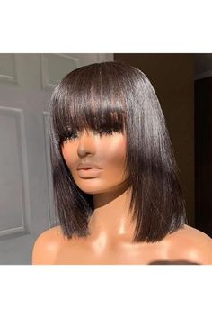 Bob Wigs Human Hair With Bangs For Black Women 100% Brazilian Virgin Hair 150% Density Glueless Machine Made Bob Wig Natural color (12 Bob Pendek, Brazilian Straight Human Hair, Corte Bob, Human Hair Color, Bob Lace Front Wigs, Short Human Hair Wigs, Short Hair Wigs, Wig With Bangs, Short Bob Wigs