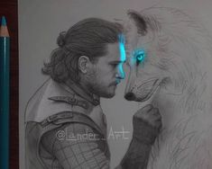 a drawing of a man and a wolf with blue eyes