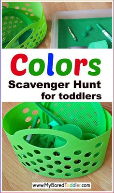 the words colors scavenger hunt for toddlers are shown in green and red