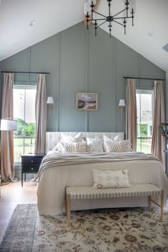 Farmhouse Living | Interior Design | Home Tours | Home Design | Primary Bedroom | Rustic Modern | Minimal | Remodel | Neutral Colors | Desk | Antique | Pictures | Accent Wall | Sherwin Williams Evergreen Fog Paint | Floor Mirror | Vintage Art Pieces | Queen Bed | Bedroom Rustic Modern, Relaxing Ideas, Vaulted Ceiling Bedroom, Evergreen Fog, Colors Bedroom, Tennessee House, Rustic Bedroom Furniture, Bedroom Rustic, Feature Wall Bedroom