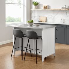 two stools sit at the center of a kitchen island