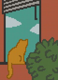 a cross stitch pattern with a cat looking out the window at trees and bushes in front of it