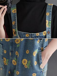 Material: 100% Cotton Pattern: Sunflower Highlight: Pockets, Button Thickness: Standard Waist Line: High Pants Length: Ankle-Length Season: Summer, Autumn Jumpsuits Summer, Denim Jumpsuits, Vintage Sunflower, 60 Degrees, The Sunflower, Jumpsuit Summer, Sunflower Pattern, Summer Vintage, Pants Length