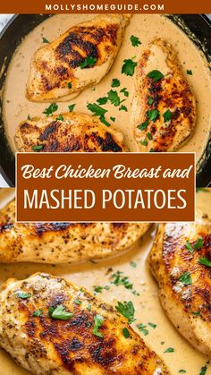 the best chicken breast and mashed potatoes in a skillet with text overlay