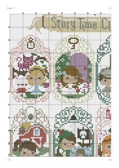 a cross stitch pattern with the words, story time club on it and pictures of children