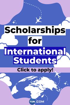 the words international students click to apply in front of a blue and purple background with an airplane