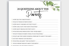 the 20 questions about the parents game is shown in black and white with flowers on it