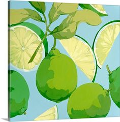 a painting of lemons and limes on a blue background with green leafy leaves