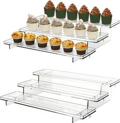 three tiered trays filled with cupcakes and muffins next to each other