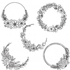 four floral wreaths with flowers and leaves