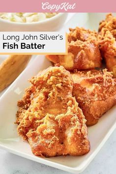 some fried food on a white plate with the words long john silver's batter fried fish