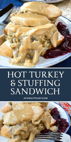 turkey and stuffing sandwich on a plate with gravy over the top, served with cranberry sauce