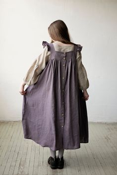 Mauve Prairie Dress, Linen Dress With Flutter Sleeves, Oversized Apron, Linen Dress With Wings, Linen Dress for Women, Victorian Style - Etsy Malaysia Linen Prairie Dress, Victorian Cotton Prairie Dress For Spring, Victorian Cotton Prairie Dress For Daywear, Purple Prairie Dress, Oversized Linen V-neck Dress, Dolly Dress, Prairie Dress, Linen Dresses, Linen Dress