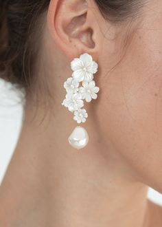 Wedding Flower Earrings, Bridal Jewelry Earrings, Floral Pearl Earrings, Bridal Jewellery Earrings, Gold Pearl Jewelry, Mother Of Pearl Jewelry, Jennifer Behr, Bridal Earrings Pearl, Pearl Bridal