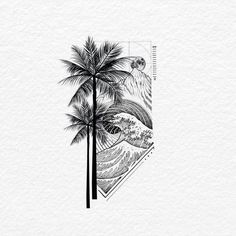 a drawing of a palm tree and the ocean with waves coming in from behind it