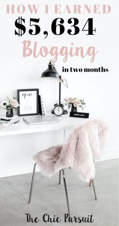 a white desk topped with a pink chair next to a clock and other items on top of it