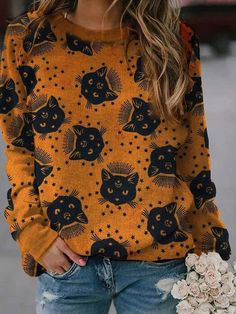 Women's T-Shirts Pumpkin Cat Print Crew Neck Long Sleeve T-Shirt Winter Cotton Top With Cat Print, Trendy Cartoon Print Tops For Fall, Casual Winter Tops With Cat Print, Relaxed Fit Crew Neck T-shirt With Cat Print, Casual Long Sleeve Tops With Cat Design, Winter Crew Neck Top With Cat Print, Winter Trendy Top With Cat Print, Casual Long Sleeve Top With Cat Print, Winter Funny Print Crew Neck Top