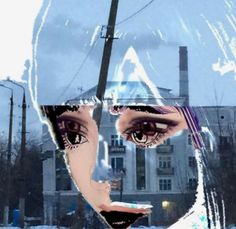 a woman's face is shown in the middle of an image with buildings behind her